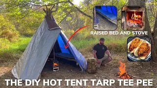 Solo Overnight Building a DIY Hot Tent Tarp Tee Pee in The Woods and Smoked Sausage Chili Dogs