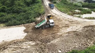 New Road Project Operator Best Awesome Bulldozer Pushing Dirt Dump Truck Unloading Dirt in Action