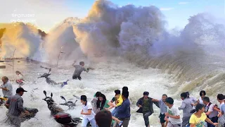 China river overflows and floods the road, some houses were flooded after typhoon hits Shanghai