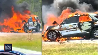 Cop Car Erupts in Flames After Deputy Crashes into Parked Vehicles on Highway