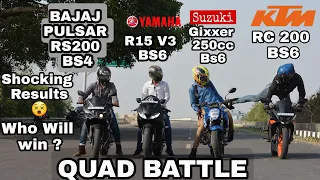 Suzuki Gixxer 250 Bs6 vs Yamaha R15 V3 Bs6 vs Ktm Rc200 Bs6 vs Bajaj Pulsar Rs200 Bs4 | Quad Battle