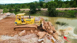 Amazing! Giant Project Land Reclamation Operating Dozer Push Rock Drop To Water Clearing The Ground