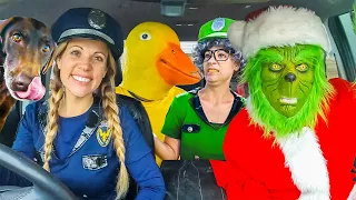 Police Surprises Rubber Ducky, Puppy, Funny Gorilla, and Grinch with Car Ride Chase!