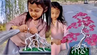 China: Incredible Little Chinese Girl Bends Metal Wire I Making Bonsai I Cool Videos