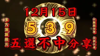 539不出牌，12月15日，今彩539不出牌，上期過關，五選不出中預測參考