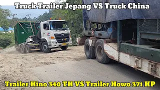 Trailer Jepang VS China ||Luar Biasa Tenaga Mesin Truk Howo Sanggup Lolos & Tarik Trailer Hino 340TH