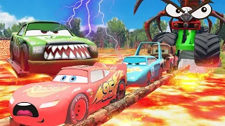 Big CHICK HICKS VS MONSTER TRUCK and Lightning McQueen with Tow Mater 😥