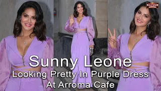 Sunny Leone Looking Pretty In Purple Dress At Arroma Cafe