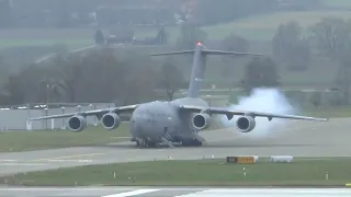 U S  Air Force Boeing C 17 departure at Zurich Airport   insane STOL takeoff!!!