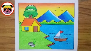 Scenery Drawing / How to Draw Beautiful Landscape Scenery / Village Scenery Drawing / Drawing