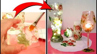 Decoupage on Glass | DIY Glass Decoration | Fall Napkin Luminaries