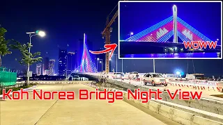 Awesome Night View Cambodia Flag On Koh Norea Cable Bridge