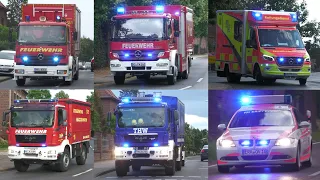 Feuerwehr, Rettungsdienst, DRK und THW auf Einsatzfahrt zu Großbrand in Wegberg am 5-7-2023