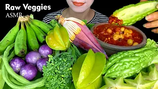 ASMR SPICY RAW VEGGIES || Banana Flower, Green Banana, Long Bean, Star Fruit, Eggplant, Bitter Melon