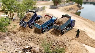 Good Operator Small Bulldozer Pushes Soil Stone Extend Pond Side