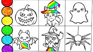 How to draw Halloween Party- Pumpkin Ghost Spider  Witch and others- Glitter art for kids