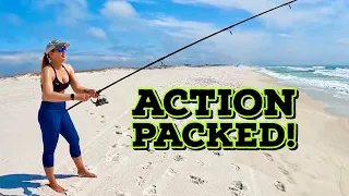 GIRL didn’t expect this much ACTION while SURF FISHING on Florida beach!