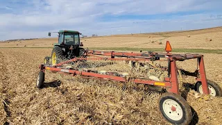 Raking and Baling Corn Stalks with John Deere 4440s