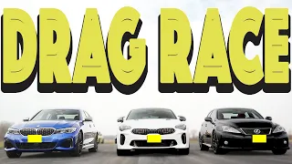 Tuned Kia Stinger GT takes on BMW M340i and Lexus ISF, drag and roll race.