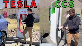 Tesla vs CCS In The Race To Vegas! 5 Electric Cars Push The Charging Networks To The Max - Pt. 2