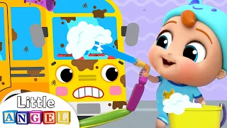 School Bus at the Car Wash | Wheels of the Bus Song | Little Angel Kids Songs