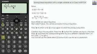 Solving Linear Equations With A Single Variable On A Casio fx-991CW | fx-570CW Classwiz Calculator