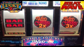 OLD SCHOOL CASINO SLOTS: TRIPLE LUCKY 7S + TRIPLE DOUBLE WILD CHERRY + HEAT WAVE SLOT PLAY! BOOM!