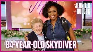 84-Year-Old Skydiver Shows Jennifer Hudson How to Get Rigged Up to Jump