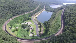 Awesome Drone Shot Of NS Loaded Coal Train At Horseshoe Curve In Altoona, PA 8-26-17