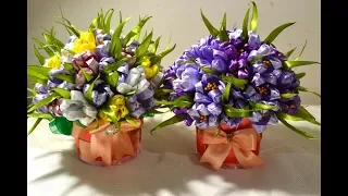 🌼Подарочный горшок с крокусами/🌼Crocuses of Ribbons/Gift/Tutorial