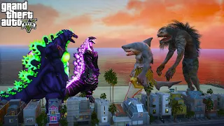 Super Godzilla And Shin Godzilla  VS Wereshark and Giant Varcolac- GTA V Mods
