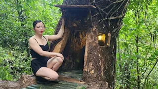 Build a secret shelter inside the giant root, Survive, Grilled pork outdoors - Wild forest beauty