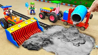 Diy tractor mini Bulldozer Repair Train Tracks | Construction Vehicles making Concrete Road | HPMini