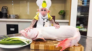 Whole Giant Fish 🐋 Relaxing Cooking For Monkey BiBi To Stop Sick
