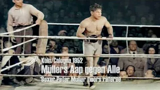 Köln/Cologne 1952 - Müllers Aap knockt Ringrichter aus - Peter Muller floors referee - colorized