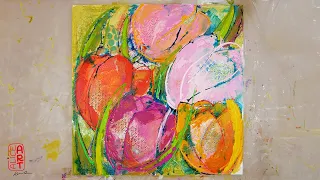 Tulpen: Collage mit dynamischen Duktus - Flower Power in Acryl