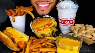 ASMR FIVE GUYS BURGERS CAJUN FRIES OREO MILKSHAKE CHEESE HOT DOG JALAPEÑO BURGER MUKBANG EATING SHOW