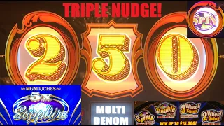 Triple Nudge! Wild Cash Wheel + 5x Sapphires MGM Riches + Gold Standard Jackpots slot play! Spin!