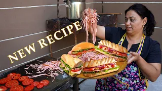 Sandwich & BURGER Fast Food - Girl Cooking Homemade Sandwich in the Village Street Food