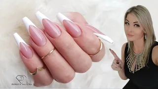 French manicure nails. How to do deep smile line french manicure. Pink and white nails.