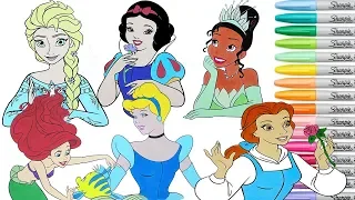 Disney Princess Coloring Book Pages Compilation Elsa Ariel Cinderella Tiana Belle Snow White