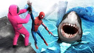 GTA 5 Water Ragdolls | SPIDERMAN and Squid Game Guard vs Shark (Frozen City)