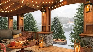 Winter Cozy Porch in Snow Falling Ambience with Crackling Campfire, Snowfall and Relaxing Vibes