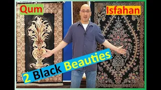 2 Gorgeous Black Persian Carpets - 1 Qum Silk Rug & 1 Fine Isfahan Carpet