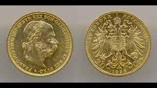 Нумизматика. Золотая монета. Австрия, 20 крон 1898 года.  About Uncirculated.