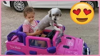 Cute Little Girl Emma and her Dog Ride On Pink Jeep My Little Pony 12V Power Wheel on Country Road