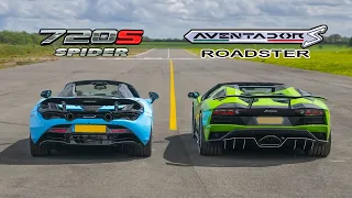 Lamborghini Aventador S Roadster vs McLaren 720S Spider - DRAG RACE, ROLLING RACE & BRAKE TEST