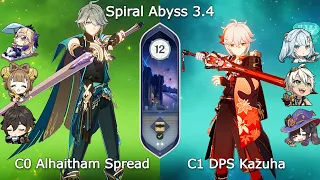 C0 Alhaitham Spread and C1 DPS Kazuha - Spiral Abyss 3.4 Floor 12 Genshin Impact