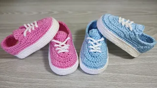 Sapatinho de crochê para bebê - 0 a 3 meses - Tênis de crochê - passo a passo de forma mais simples