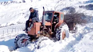 Трактор Т-40 привозит дрова по снегу - очень мощный трактор